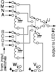 8-to-1 mux using relays (mirror of 3-to-8 tree decoder)