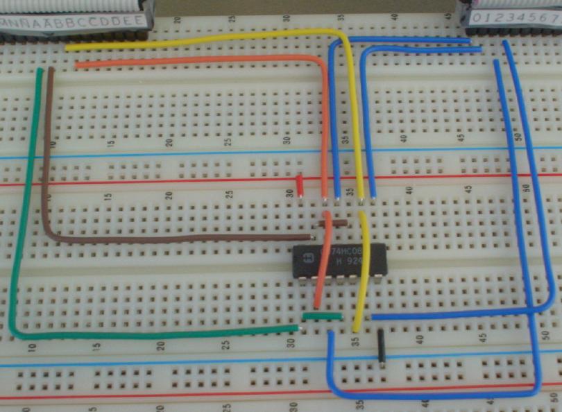 Breadboard photo: 2-to-4 decoder using one 7408 chip
